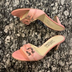 SOLD Ferragamo Pink Mules Open Toe Sandals Silver Hardware Leather Vintage